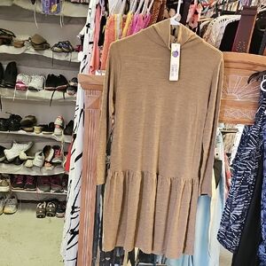 Yelete Long Sleeve - Light Weight - Brown Collar Ruffle Hem Dress